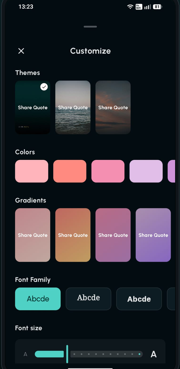 Poster customization screen with themes, colors and fonts
